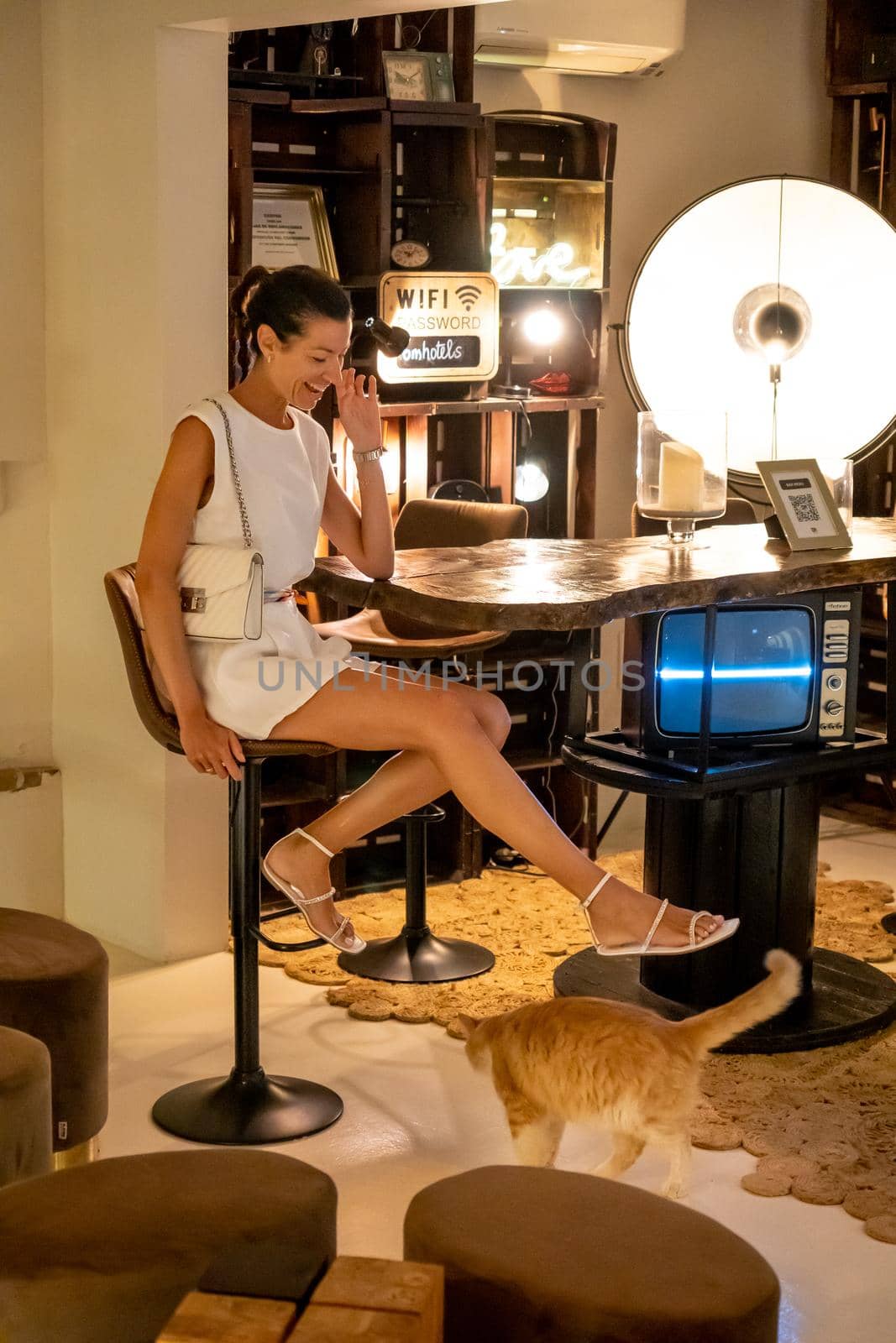 Girl playing with a cat in a bar