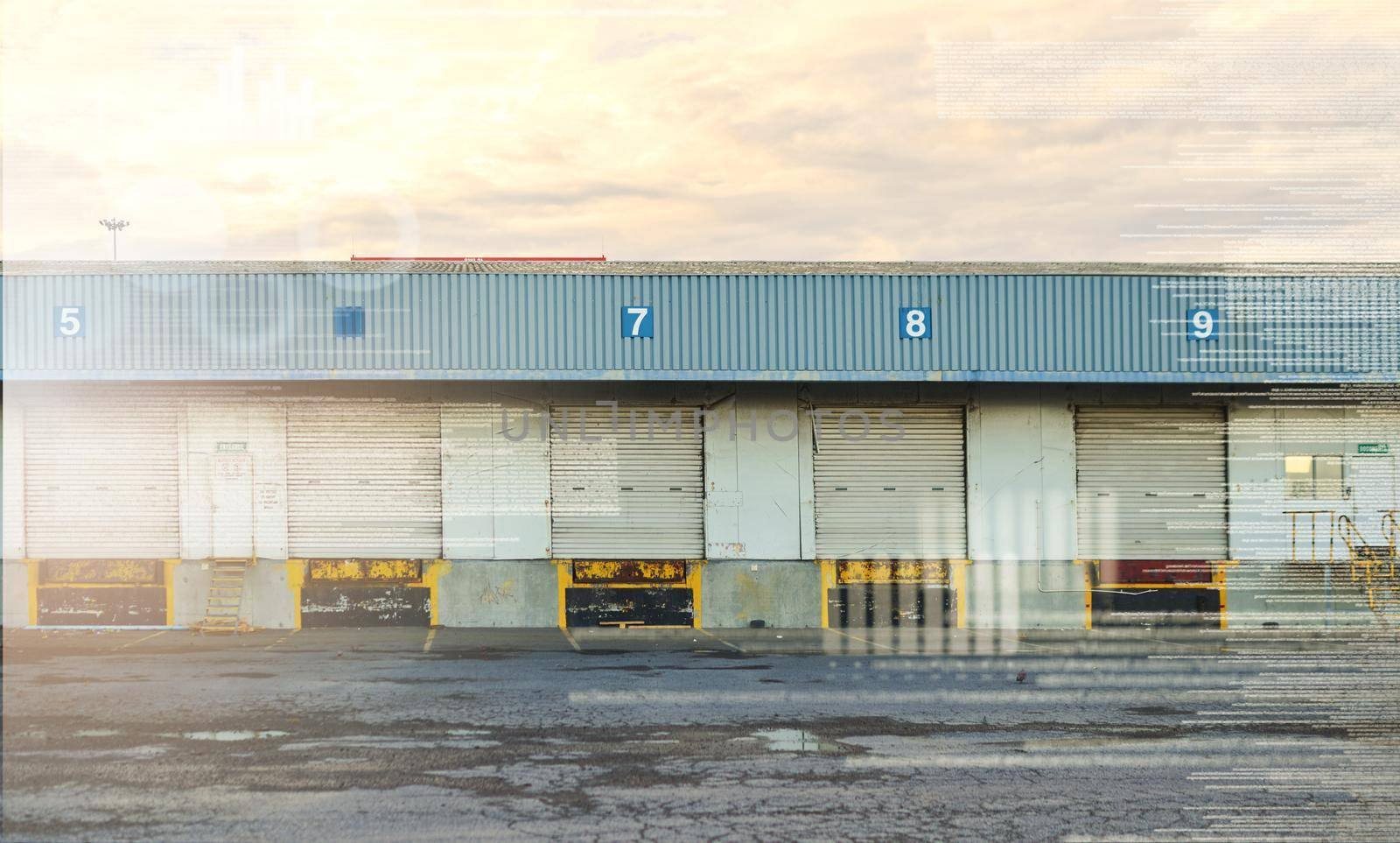 Empty logistics, industrial and cargo shipping site for product distribution, dispatch and storage. Supply chain warehouse, commercial building and loading bay garage door for export freight delivery.