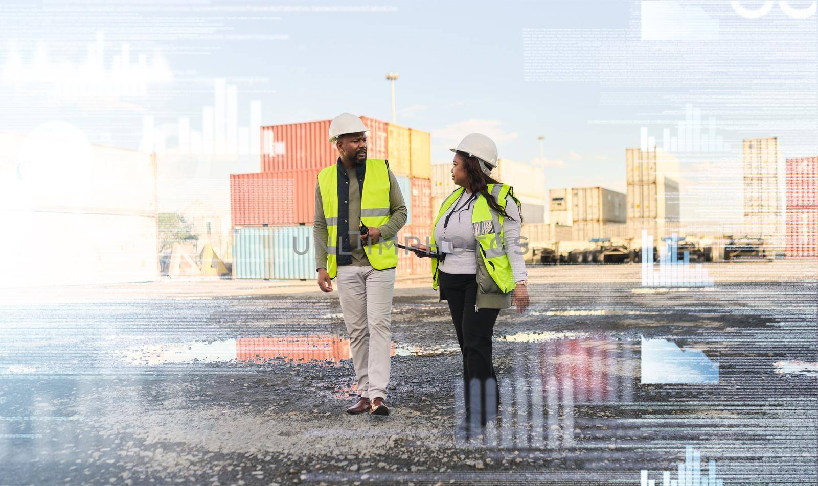 Business people, logistics and shipping, industry warehouse workers in container yard double exposure or analytics overlay. Industrial employee working in supply chain management for transportation.