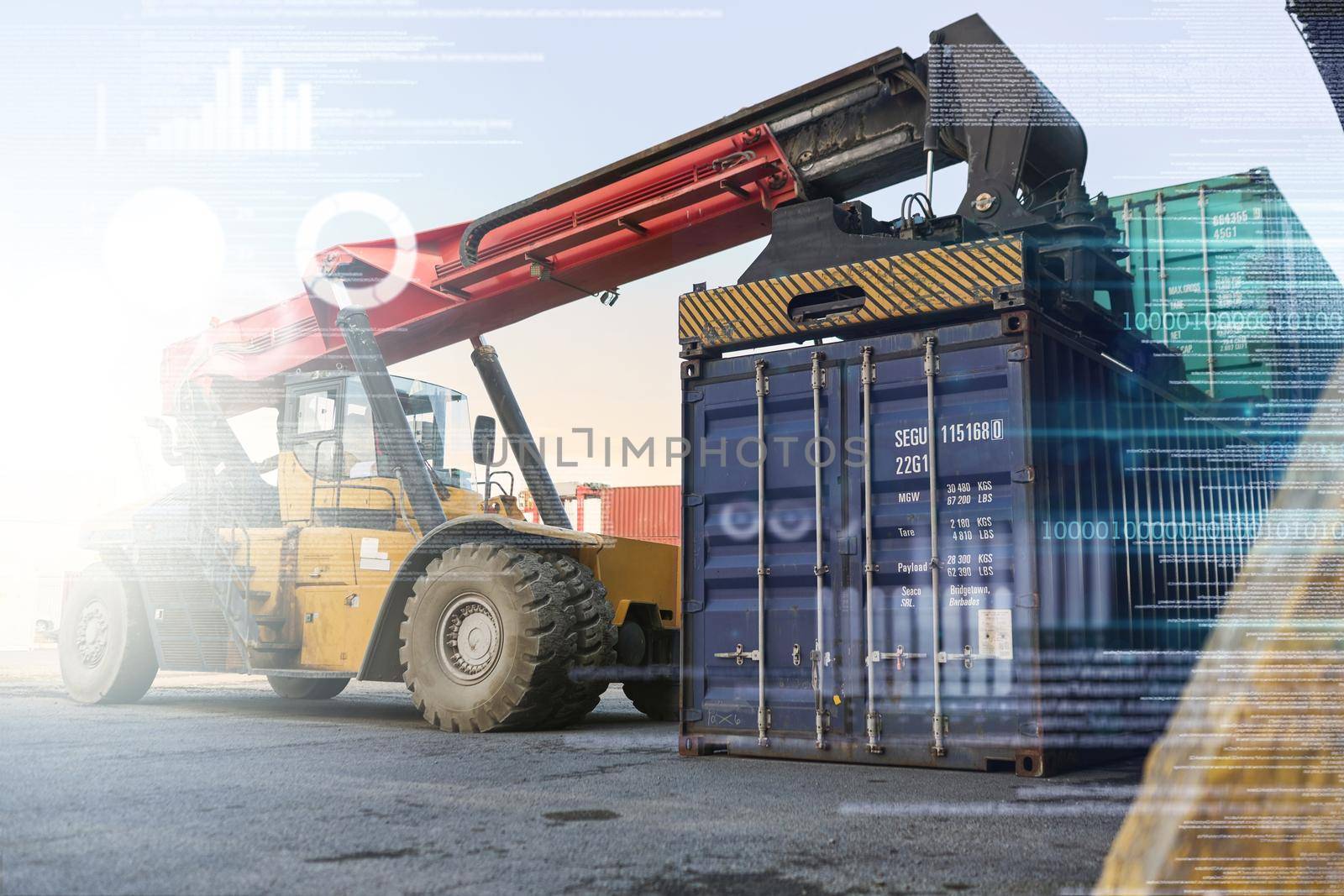 Shipping, supply chain and logistics with a container crane in a yard for storage, freight or cargo distribution and delivery. Stock, industry and ecommerce with retail transport outdoor with overlay.