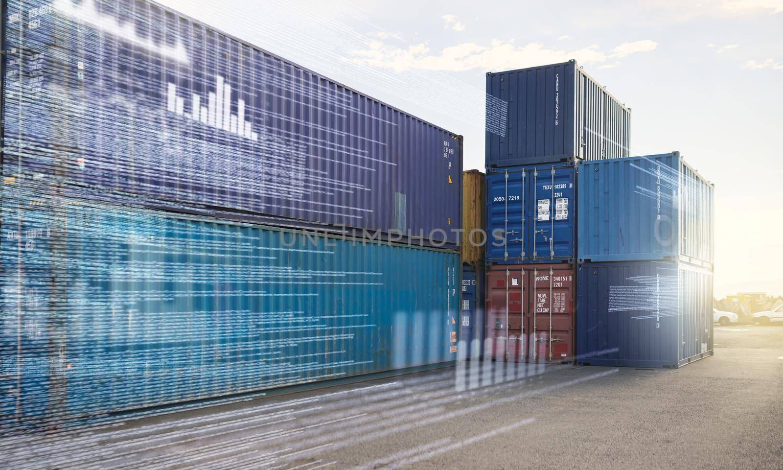 Transport logistic overlay, cargo shipping and distribution industry with worldwide freight delivery. Ecommerce courier logistics, import and export of commercial goods for a supply chain management by YuriArcurs