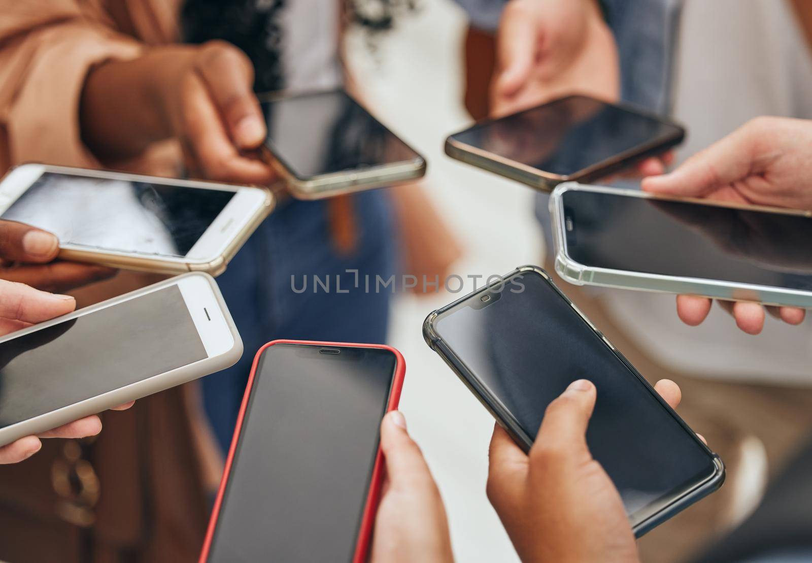 People group hands, phone screen and social media mobile apps, typing and digital iot connection together. Closeup social network, internet website and 5g smartphone cloud computing technology online.