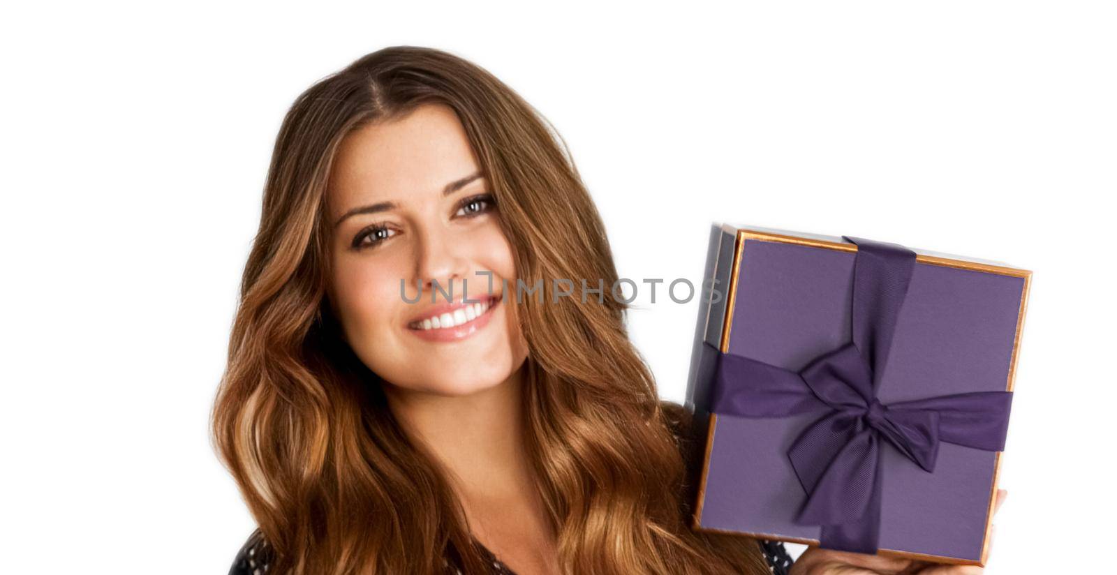 Birthday, Christmas or holiday present, happy woman holding a purple gift or luxury beauty box subscription delivery isolated on white background by Anneleven