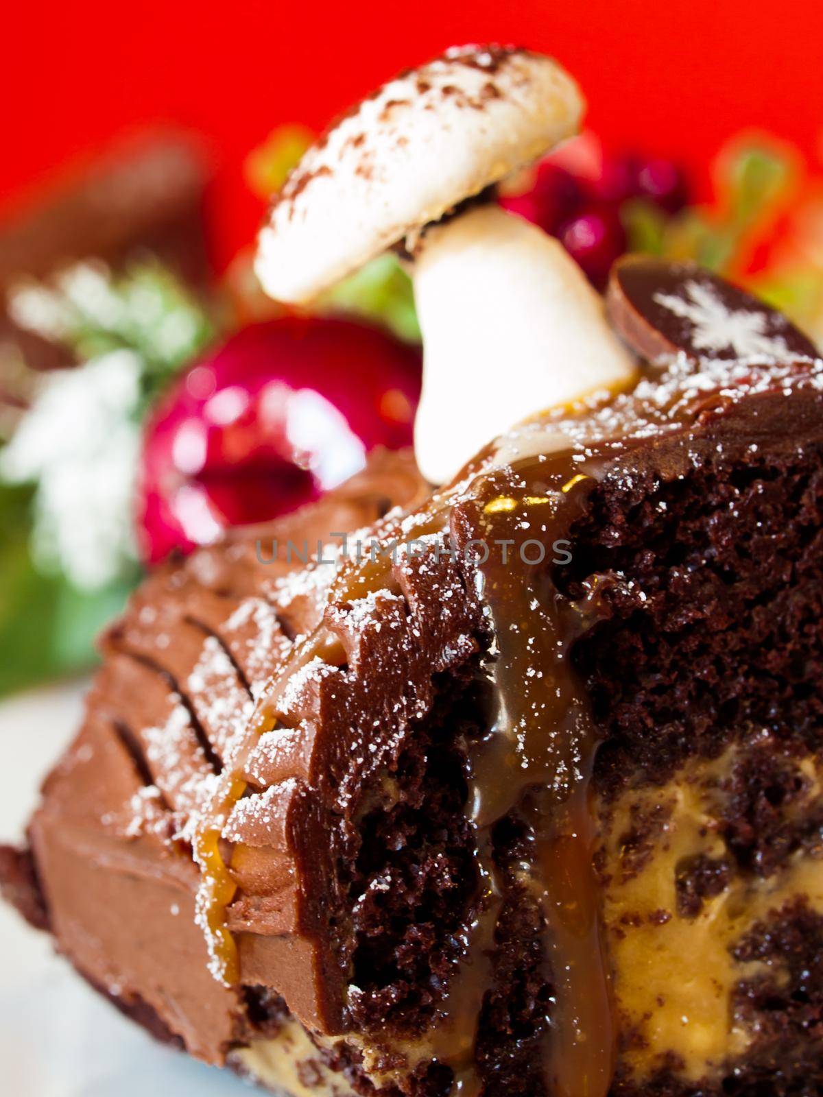 Traditional Christmas Yule Log cake decorated with marzipan mushrooms.
