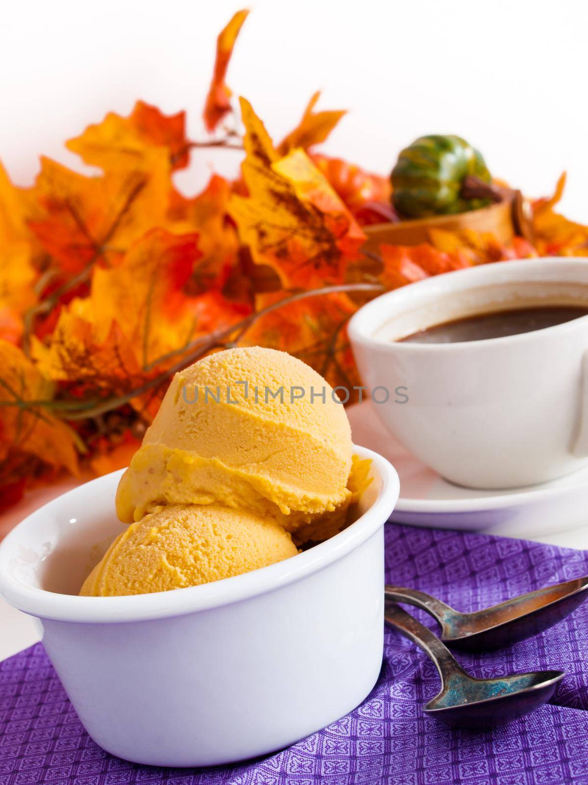 Scoop of gourmet pumpkin gelato in white bowl with cup of coffee.