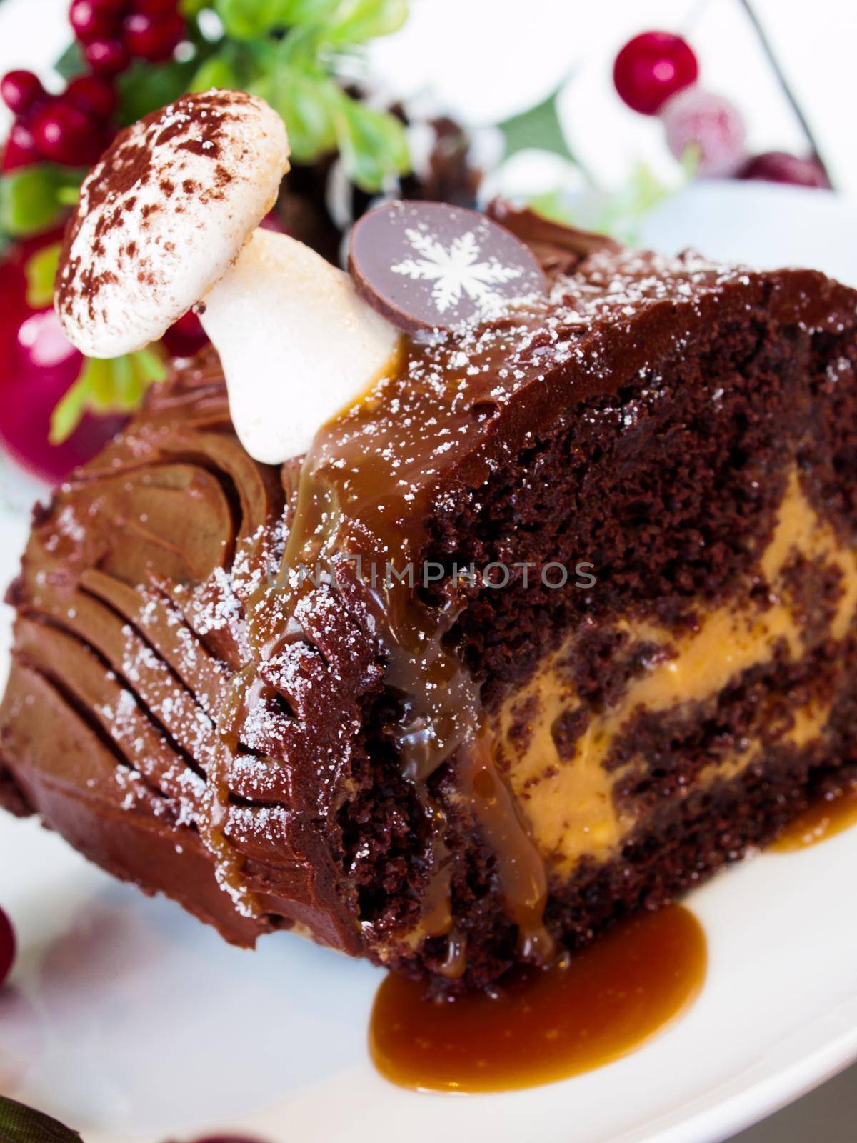 Traditional Christmas Yule Log cake decorated with marzipan mushrooms.