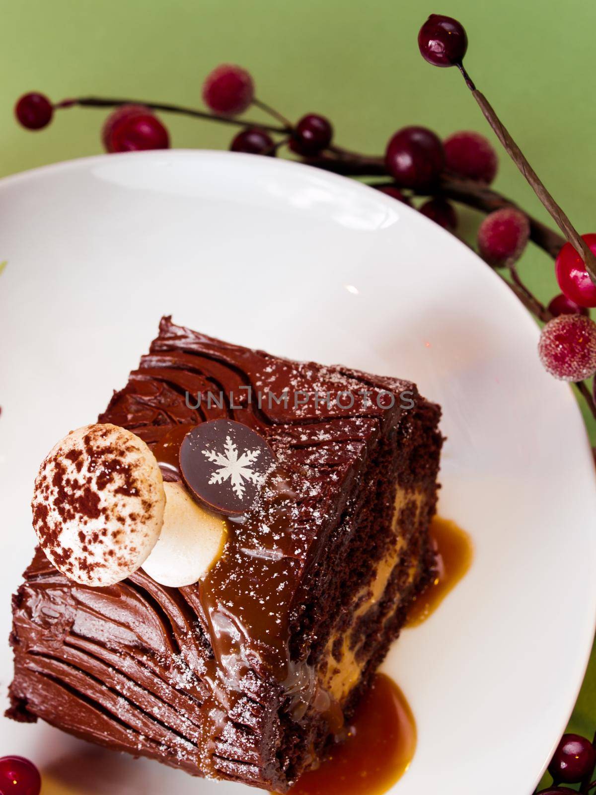 Traditional Christmas Yule Log cake decorated with marzipan mushrooms.