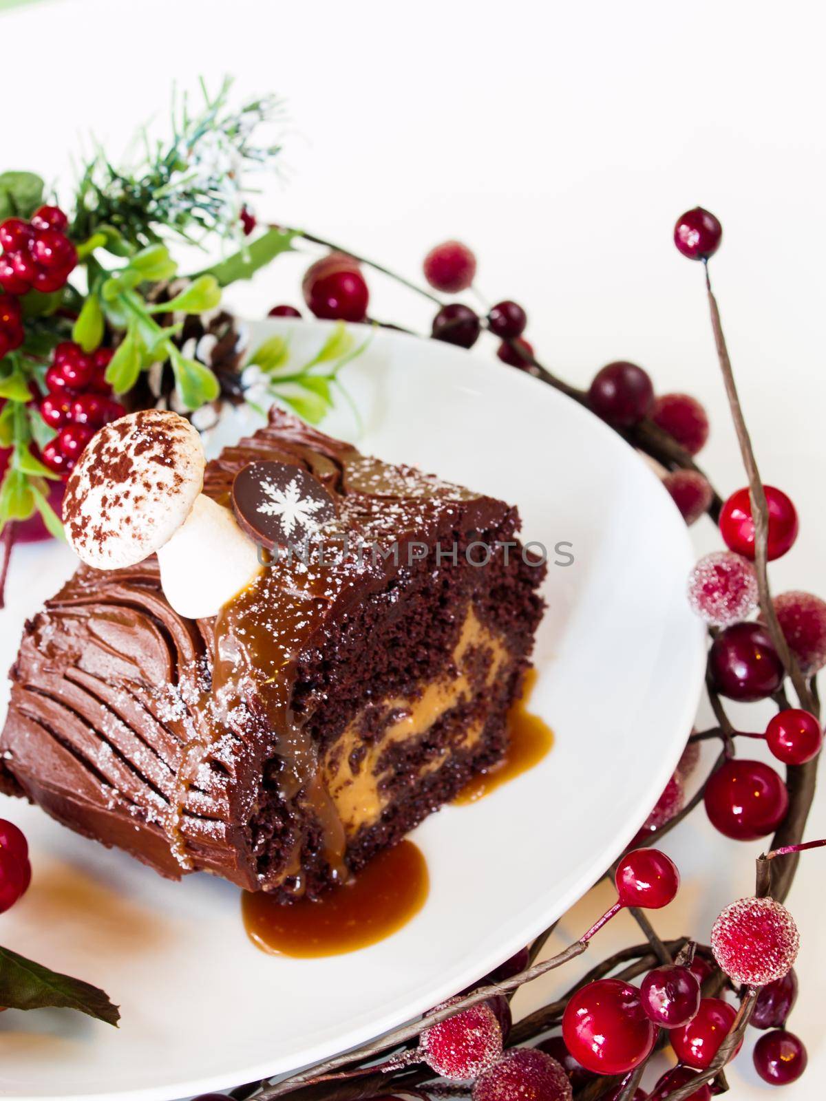 Traditional Christmas Yule Log cake decorated with marzipan mushrooms.