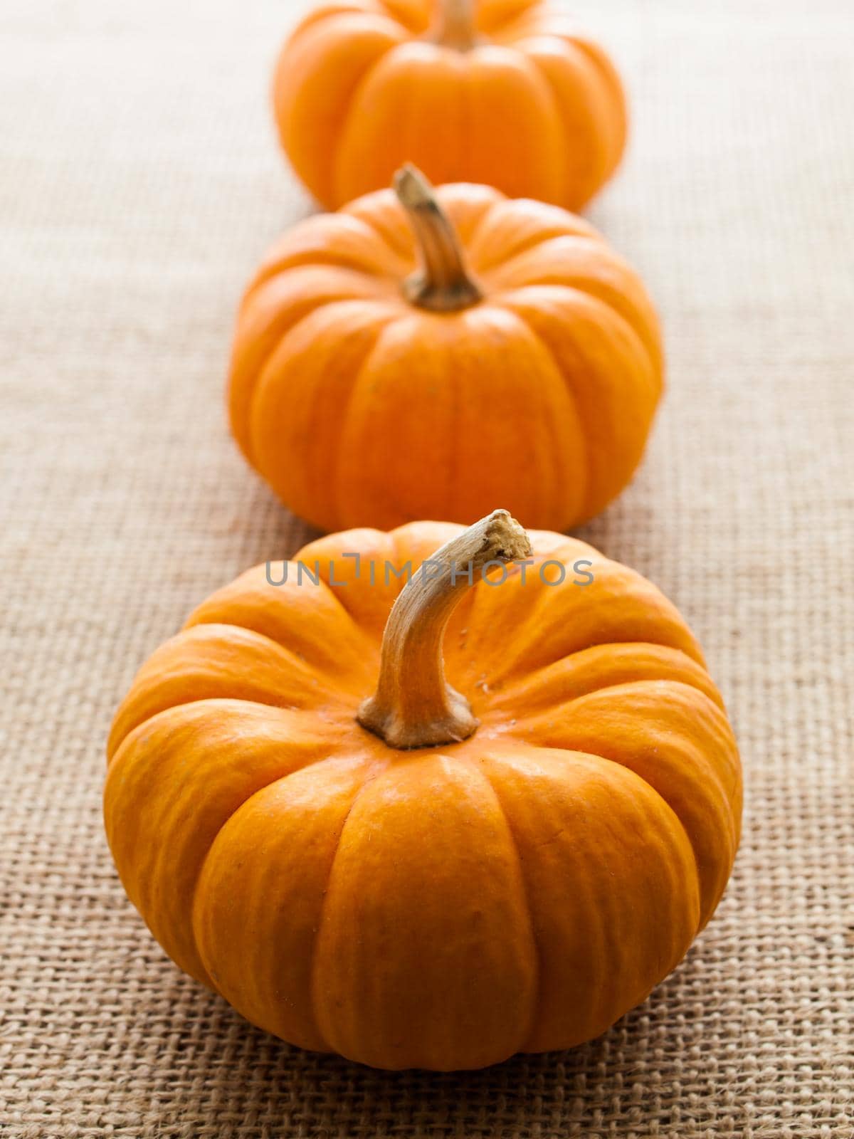 Small orange pumpkins on burlap fabric.