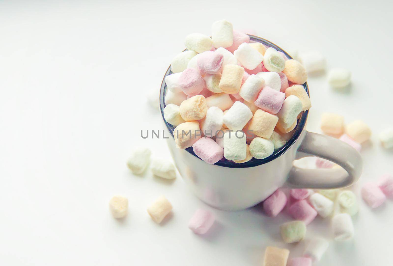 Hot chocolate and marshmallow on christmas background. Selective focus. food