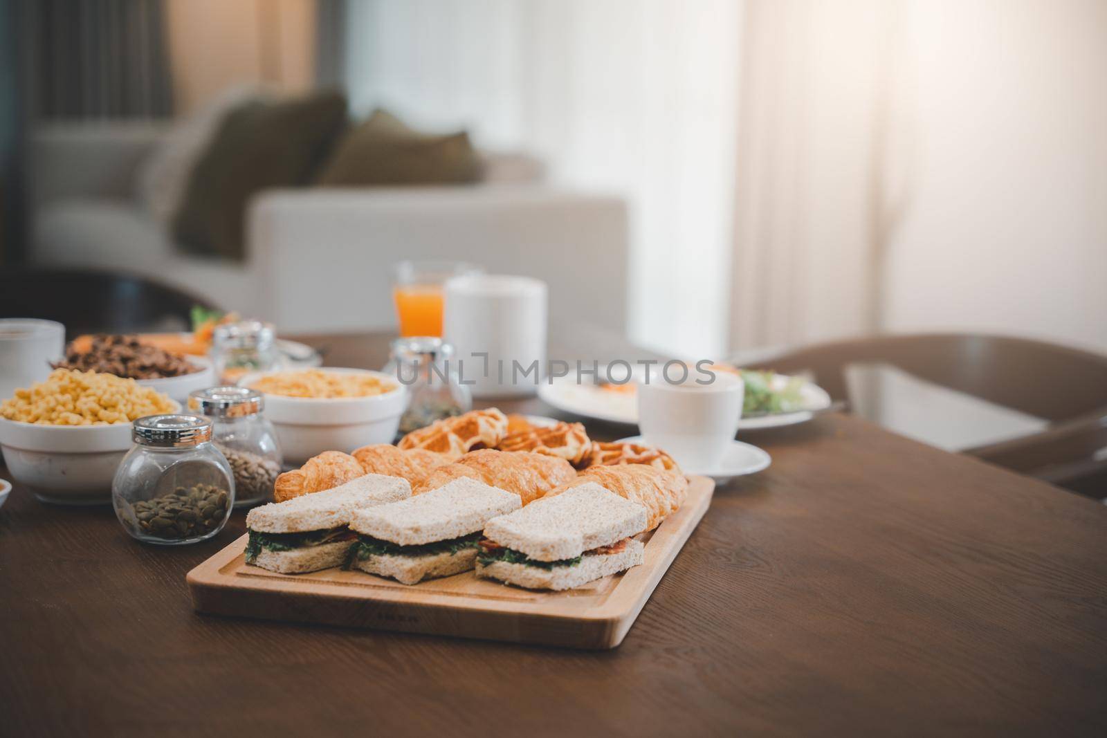 Breakfast served food with beverage coffee, orange juice on table in the morning at home, Fresh and bright continental breakfast healthy