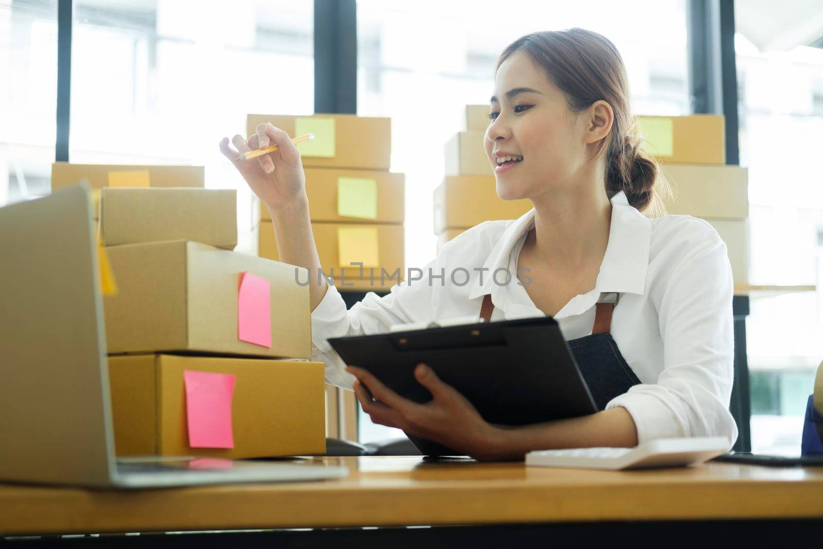 Female entrepreneur checking order preparing for delivery. by ijeab