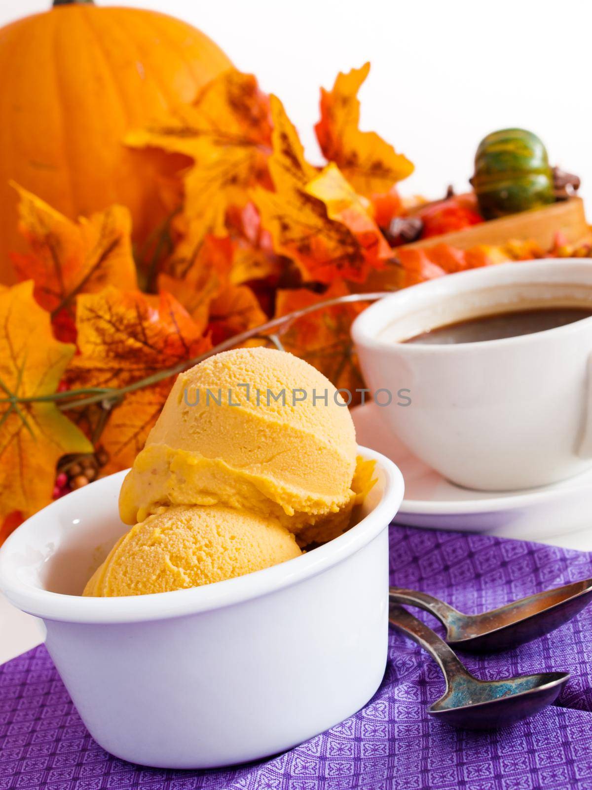 Scoop of gourmet pumpkin gelato in white bowl with cup of coffee.