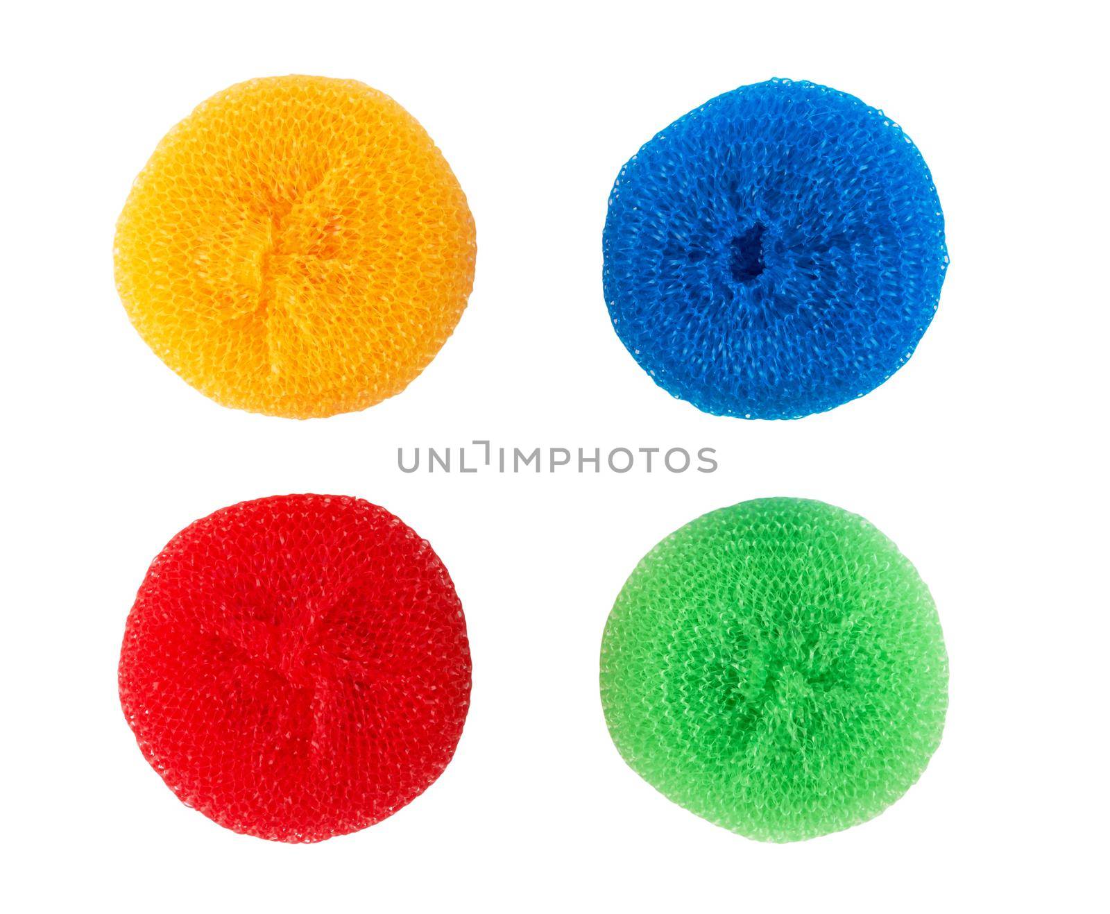 Colorful sponges for washing dishes on a white background