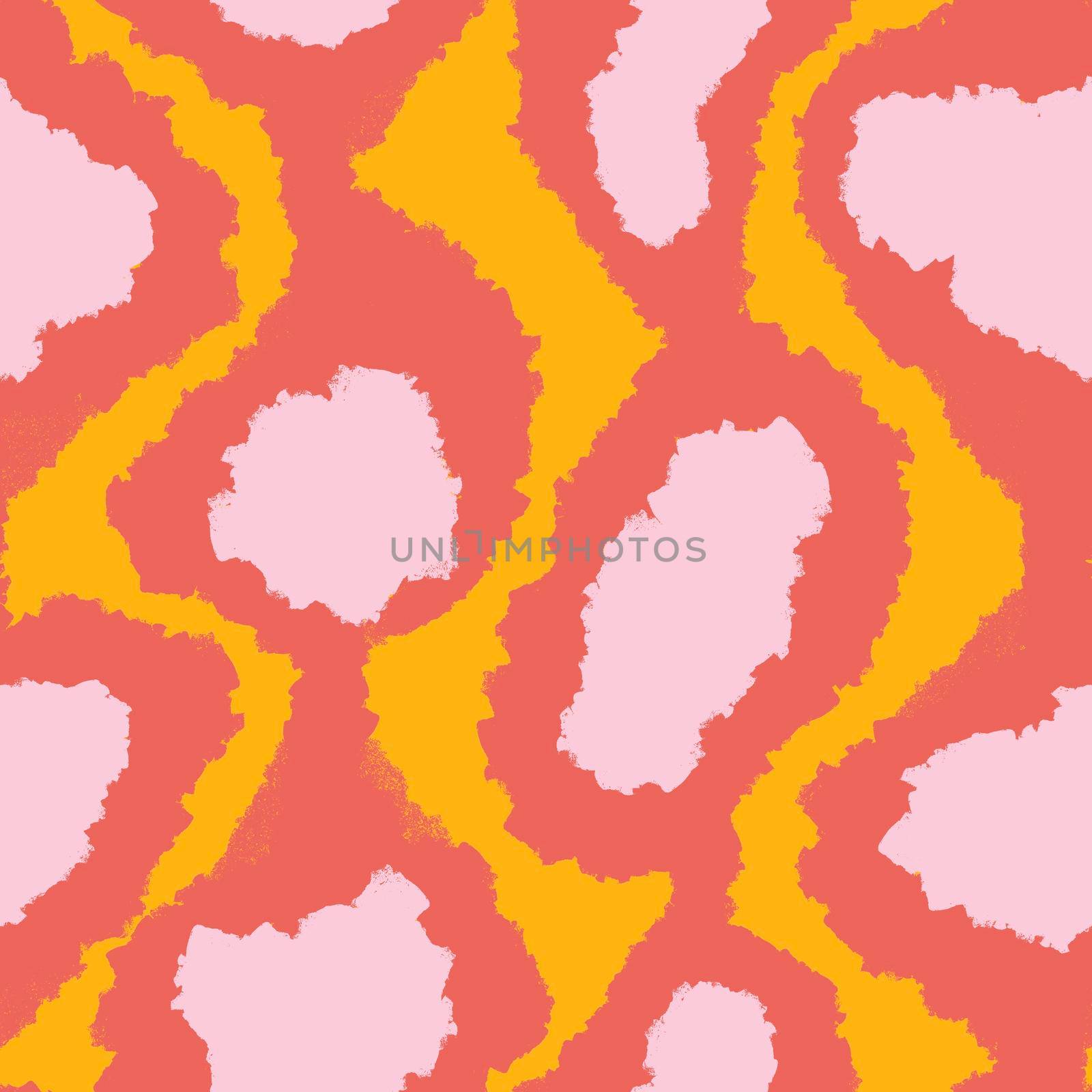 Hand drawn seamless pattern with geometric abstract shapes in red orange yellow colors. Mid century modern background for fabric print wallpaper wrapping paper. Contemporary trendy fluid design