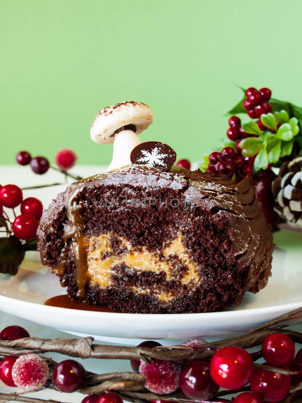 Traditional Christmas Yule Log cake decorated with marzipan mushrooms.