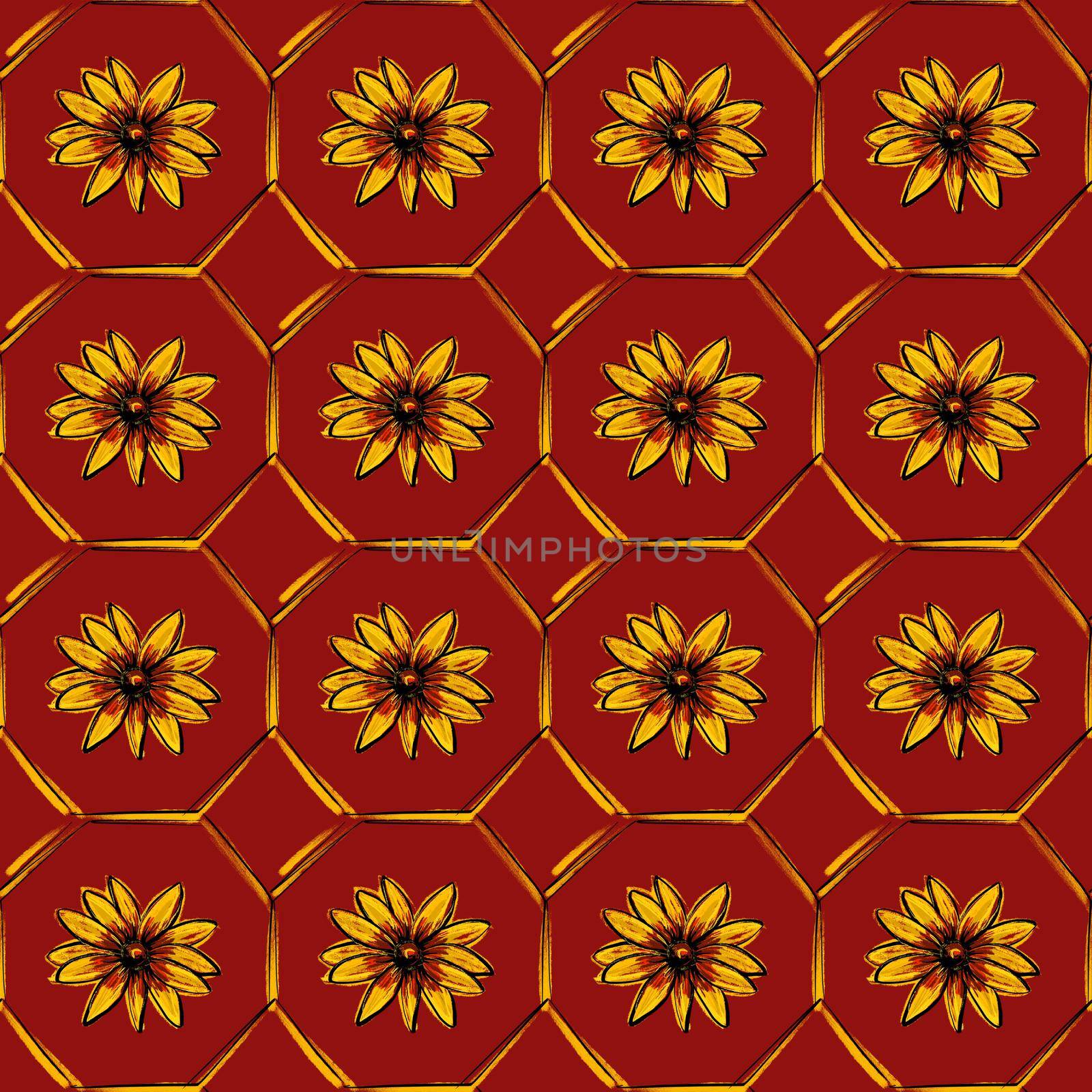 Seamless pattern. Beautiful yellow large rudbeckia or daisy flowers on a red background. Sunflowers, honeycomb wallpaper.