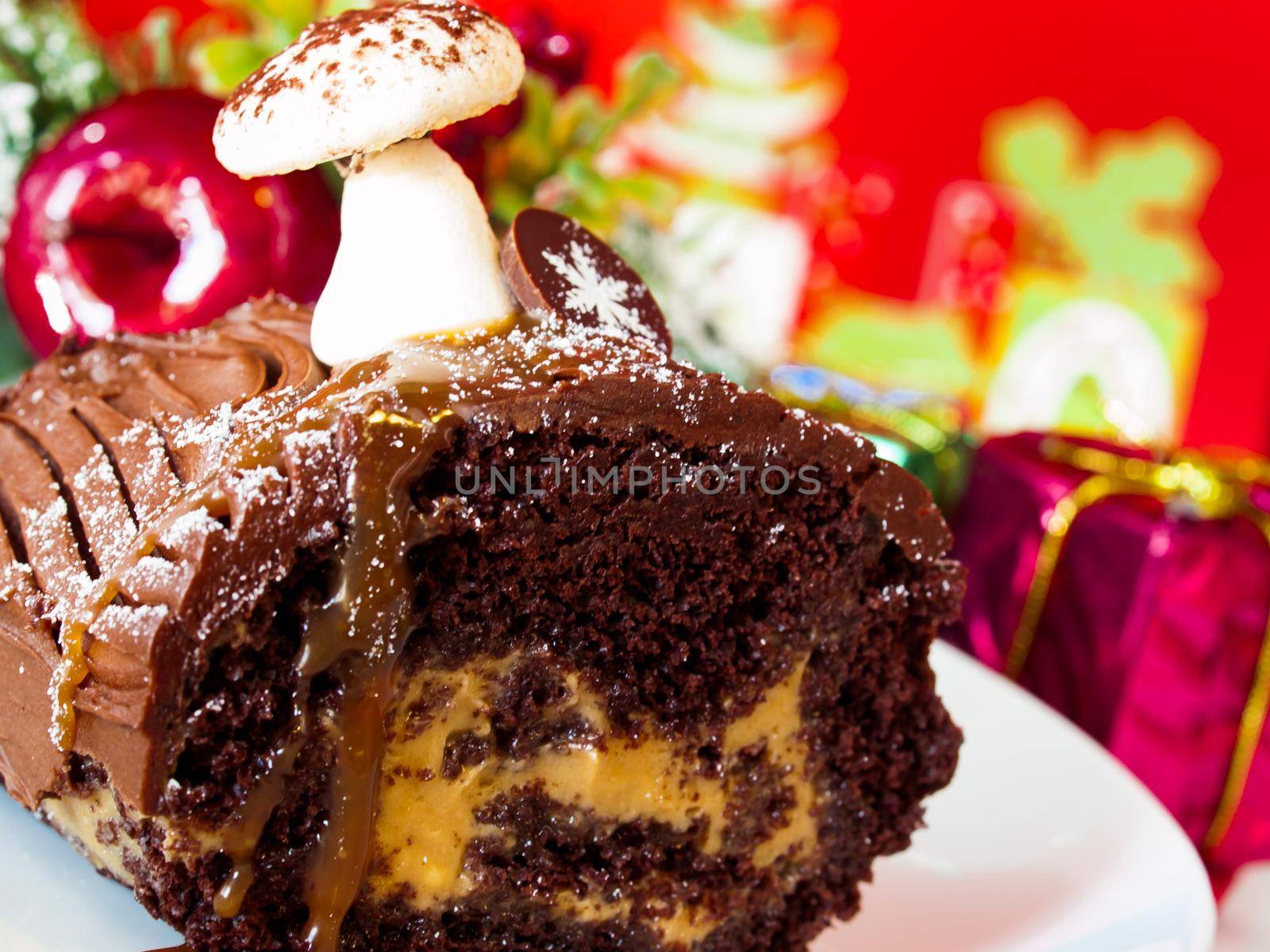 Traditional Christmas Yule Log cake decorated with marzipan mushrooms.