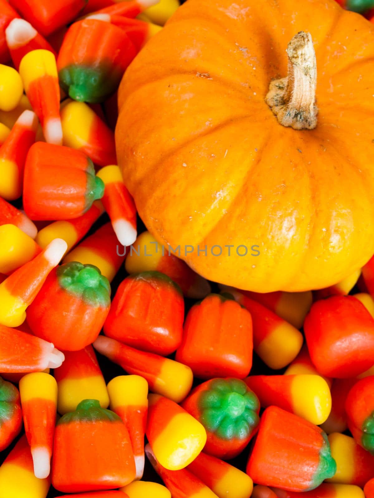 Halloween candy corn and pumpkin candies on black background.