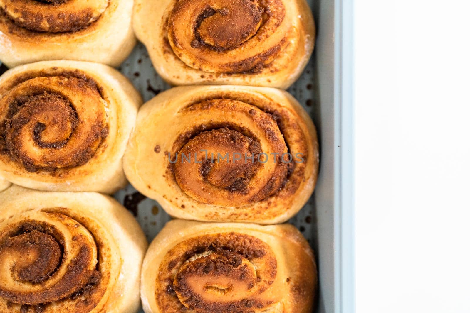 Freshly baked cinnamon rolls in a blue baking pan.