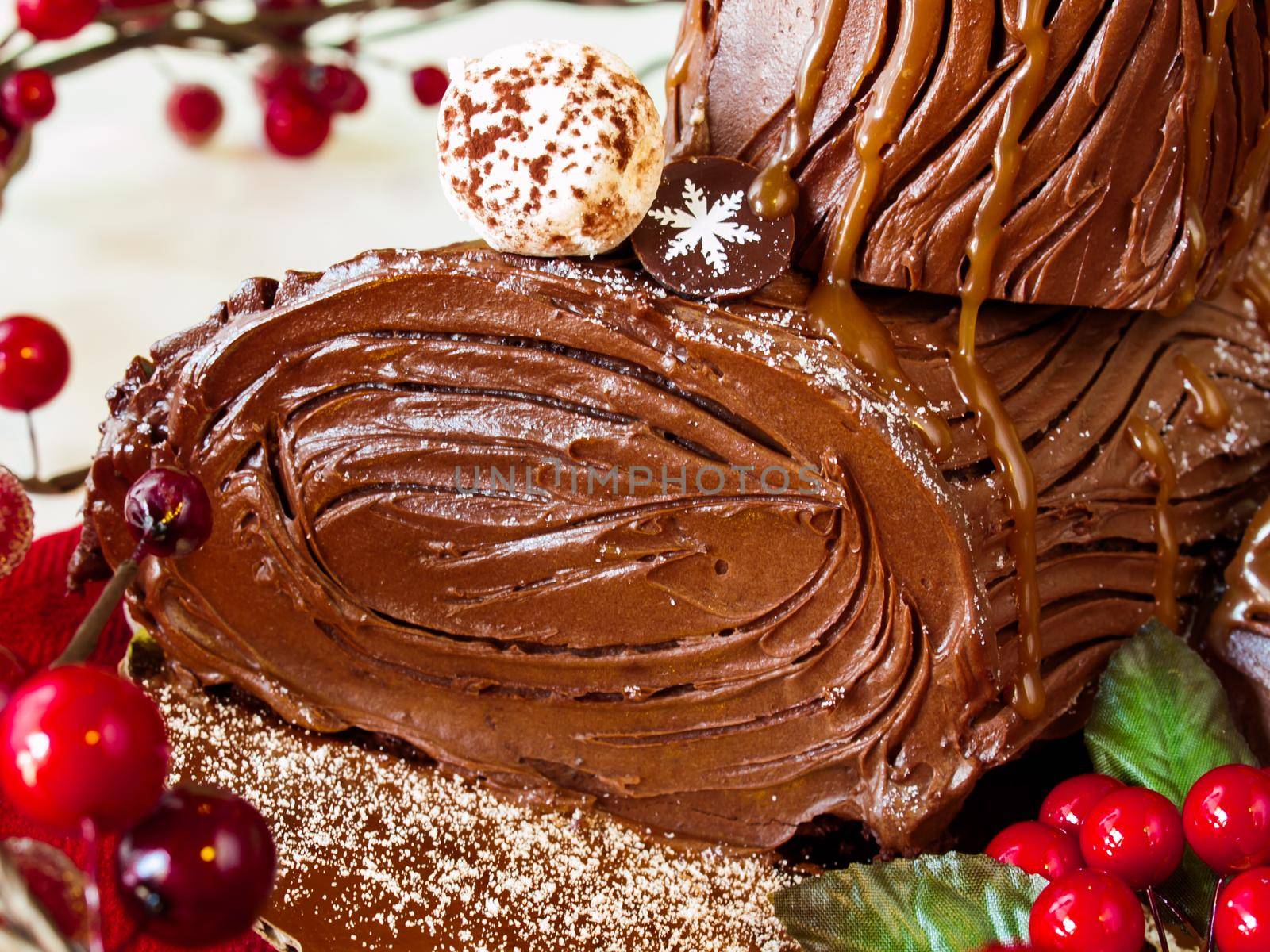 Traditional Christmas Yule Log cake decorated with marzipan mushrooms.