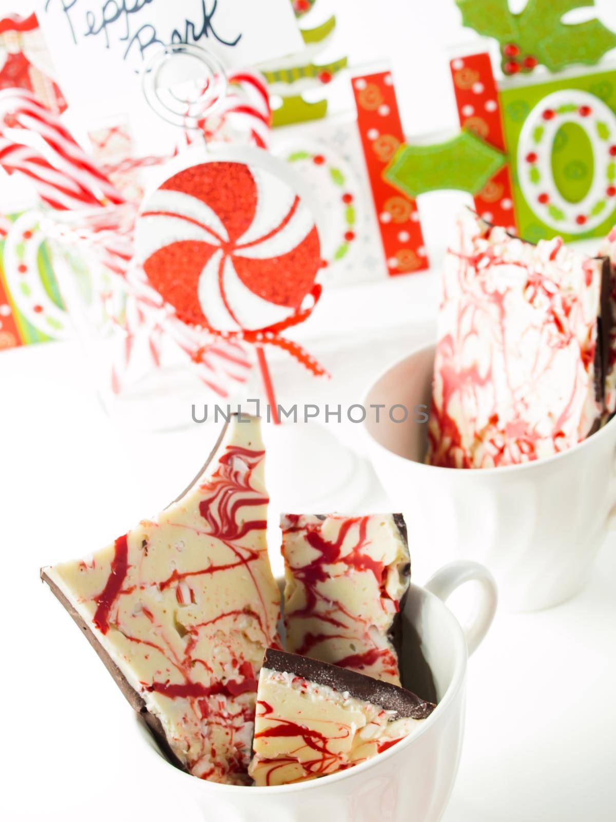 Traditional Christmas Chocolate Peppermint Bark sprinkled with peppermint candies.