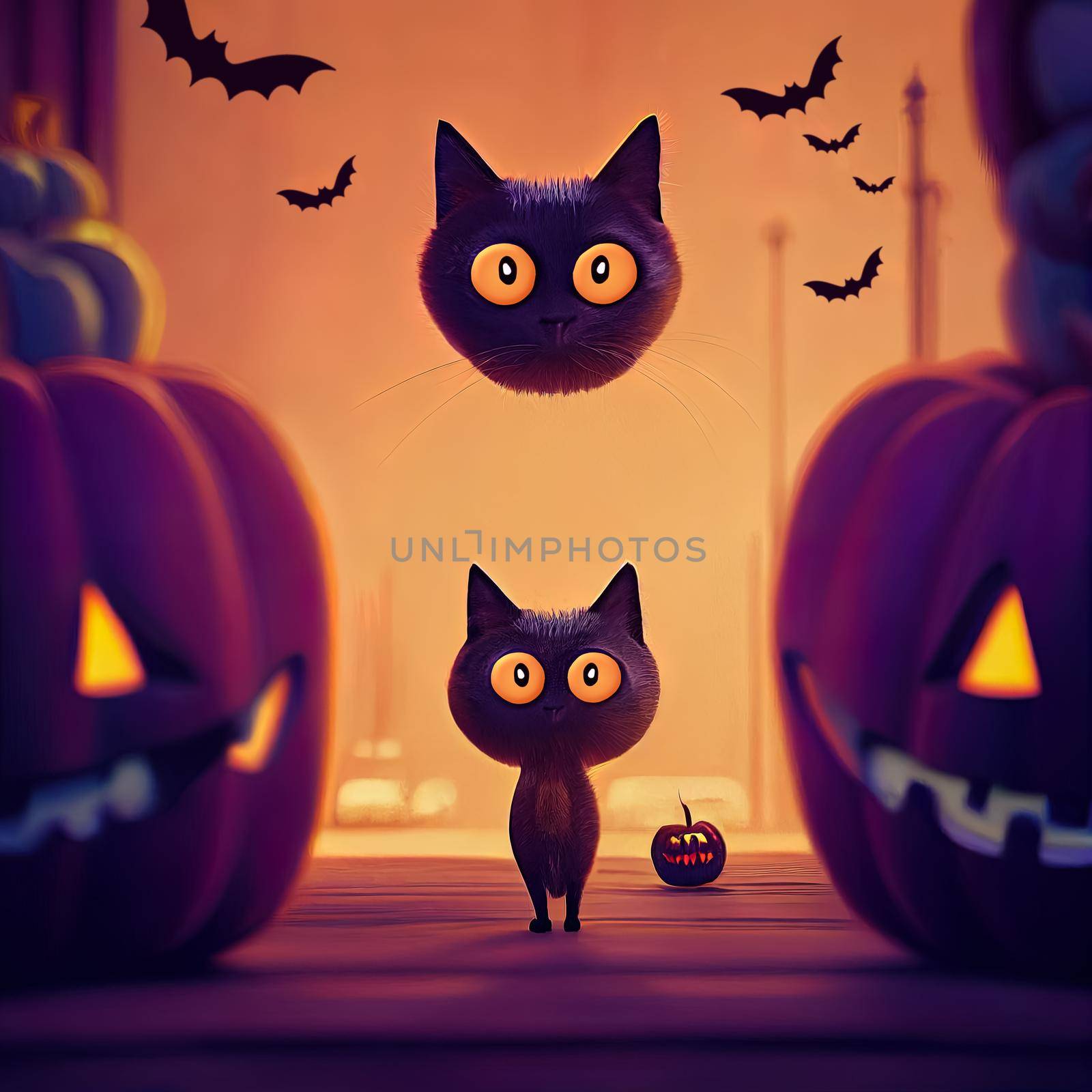illustration of a cute halloween black cat whit evil pumpkin, black cat animated illustration. by JpRamos