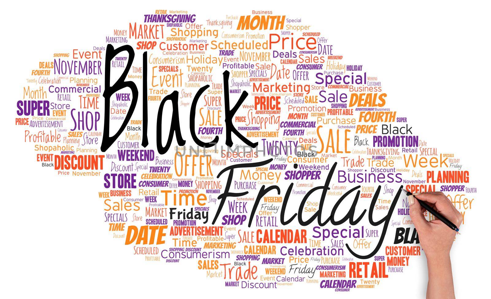 Big word cloud with words black friday with hand and pen. The day after the US holiday of Thanksgiving Shopping season by nialowwa