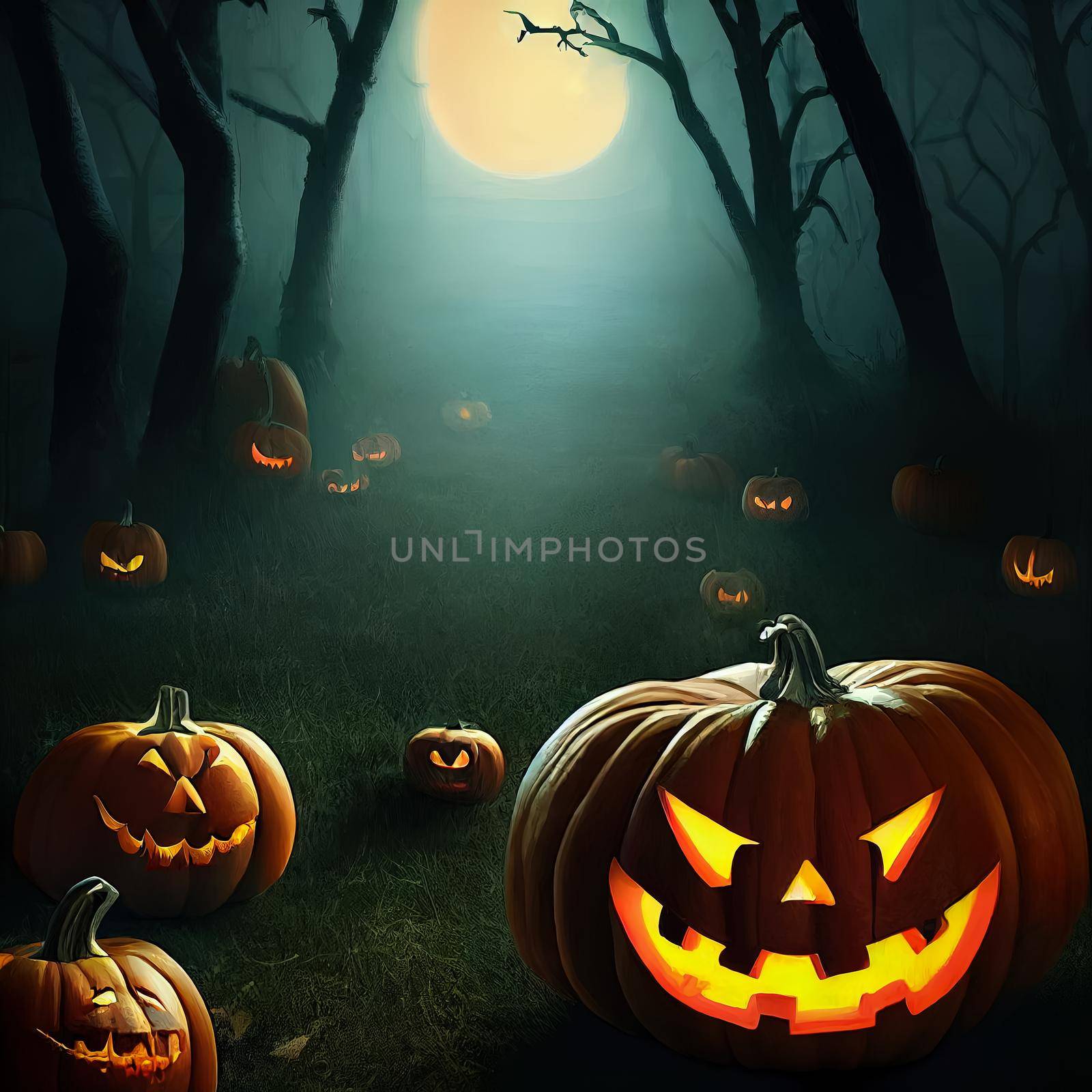 Halloween evil pumpkin in the forest, cartoon illustration of a evil pumpkin face. by JpRamos
