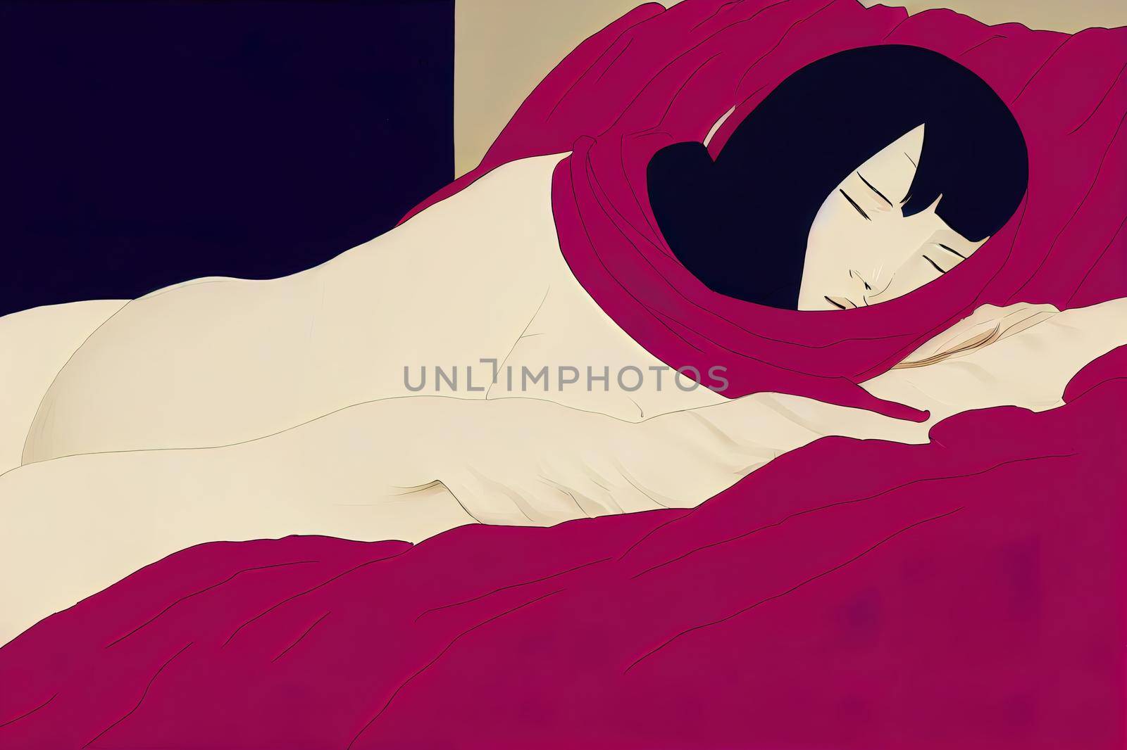 Beautiful young woman wrapped with soft blanket sleeping in High quality 2d illustration. by 2ragon