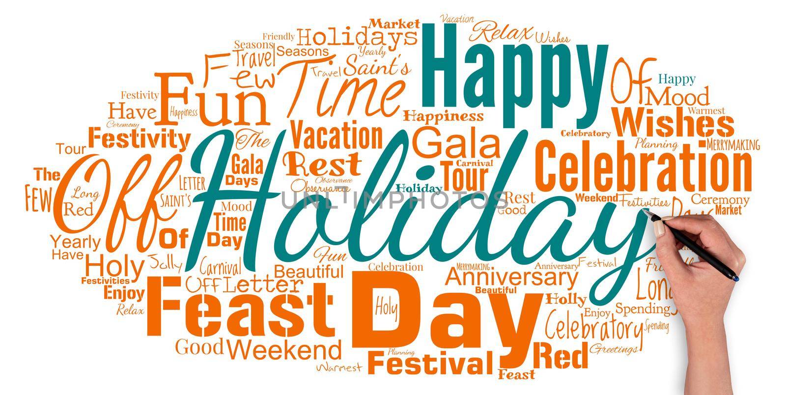 Big word cloud with happy holidays words with hand and pen. Greeting used to recognize the celebration of many holidays. by nialowwa