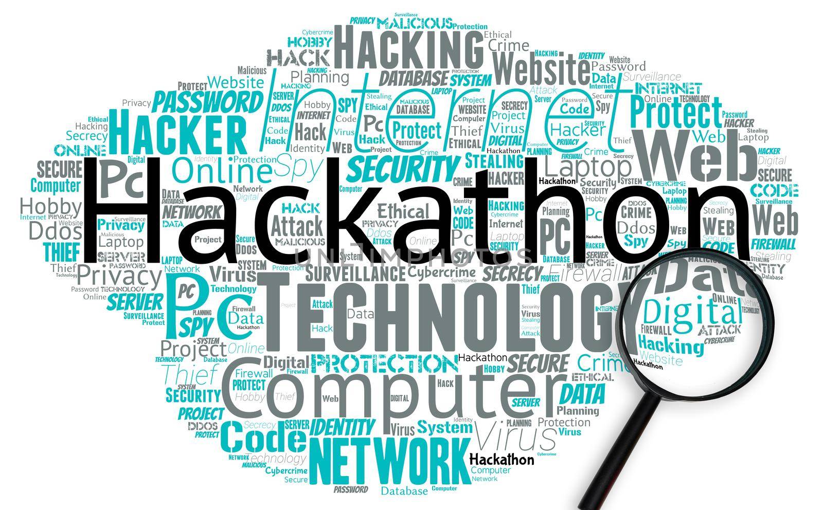 Big word cloud with hakathon words with magnifying glass.