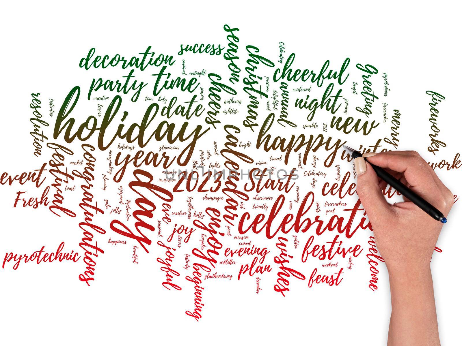 Big word cloud with happy holidays words with hand and pen.