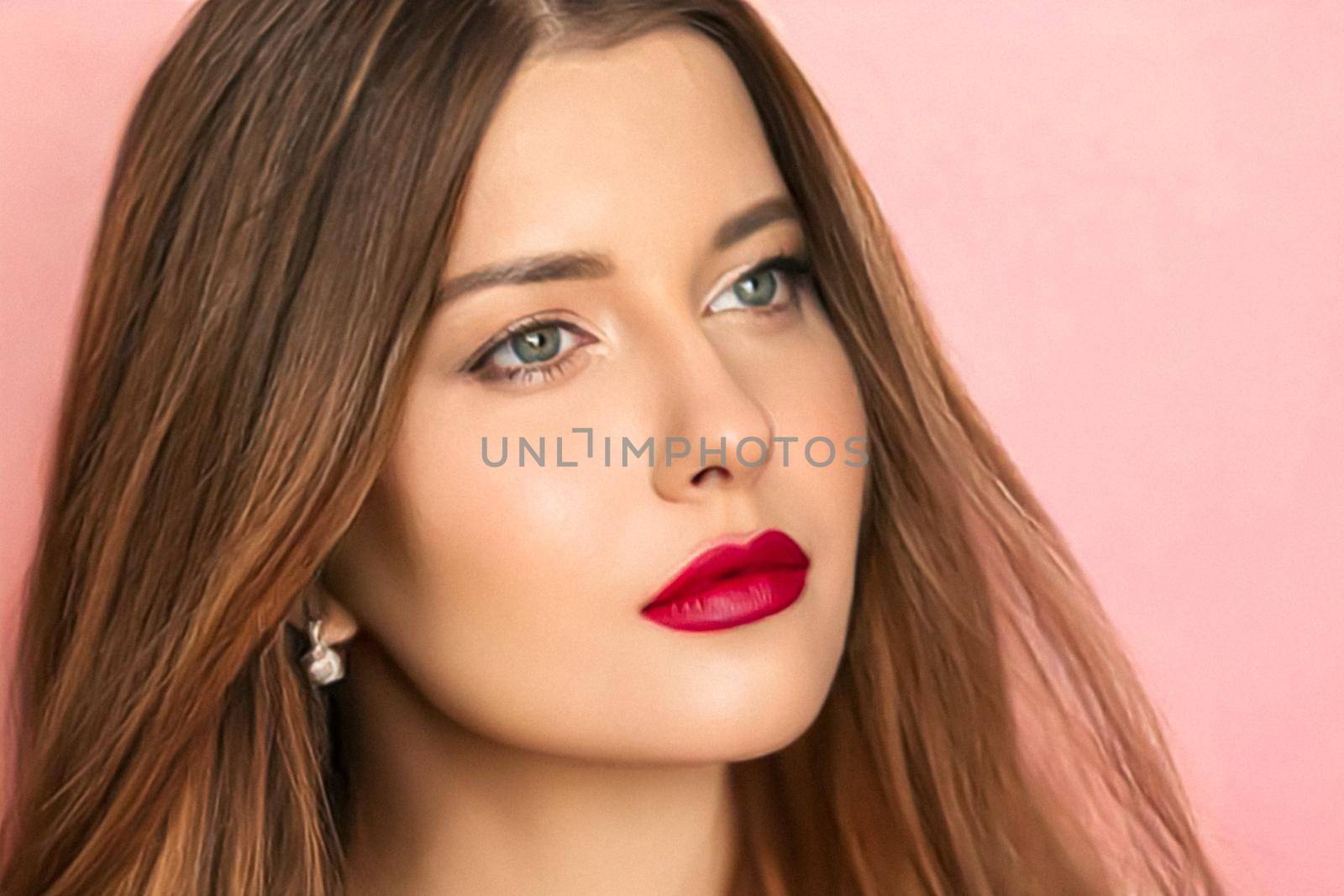 Beauty, makeup and hairstyle, beautiful woman with red matte lipstick make up on pink background as bridal make-up look, fashion and glamour model face portrait for cosmetics, skincare and hair care brand