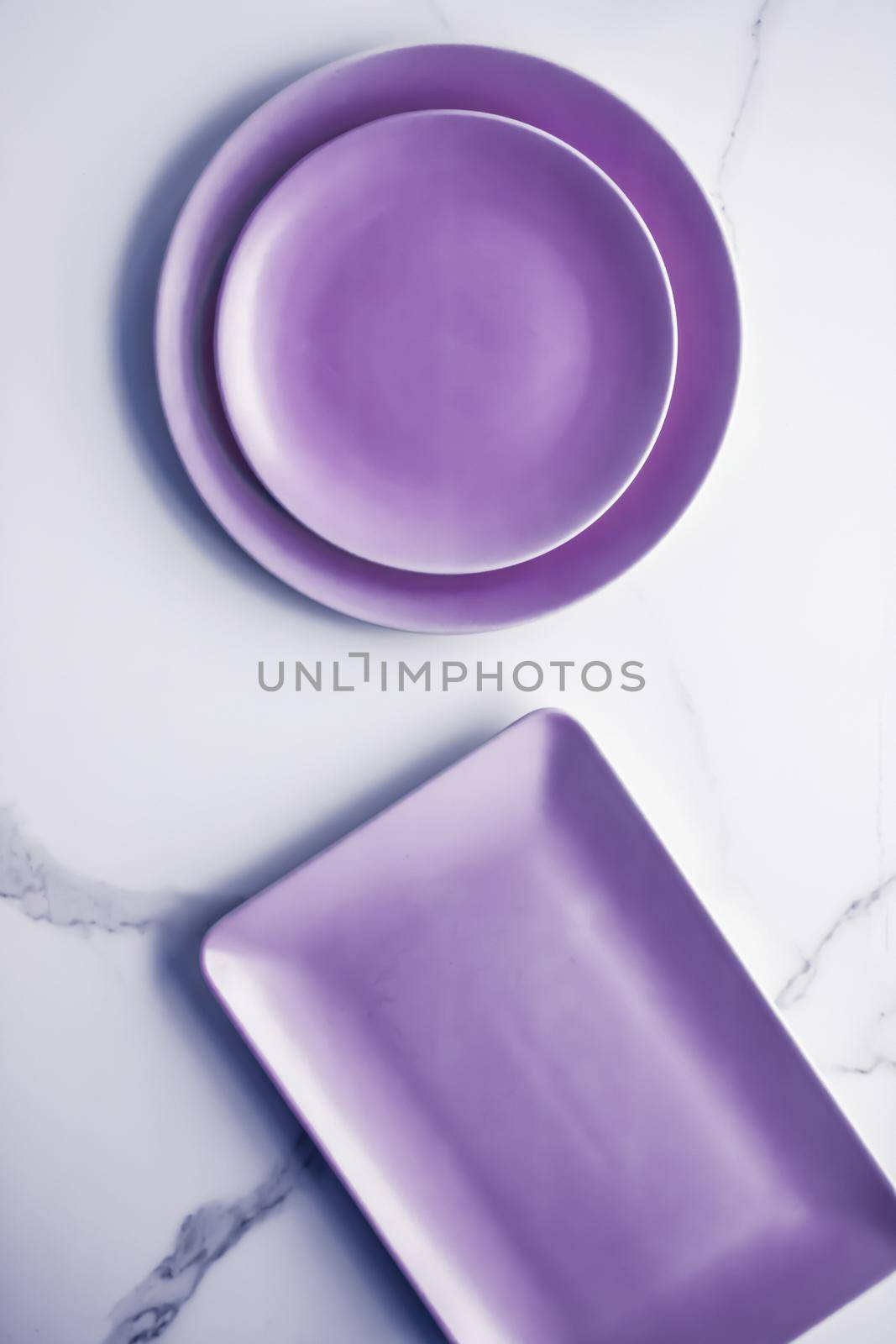 Purple empty plate on marble table background, tableware decor for breakfast, lunch and dinner for restaurant brand menu recipe, luxury holiday flatlay design by Anneleven