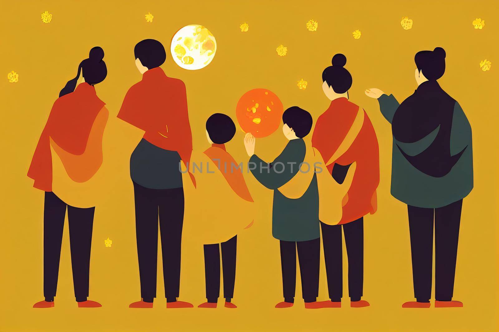 Mid autumn festival design Flat illustration of Chinese family having reunion eating mooncakes and watching moon as holiday celebrations
