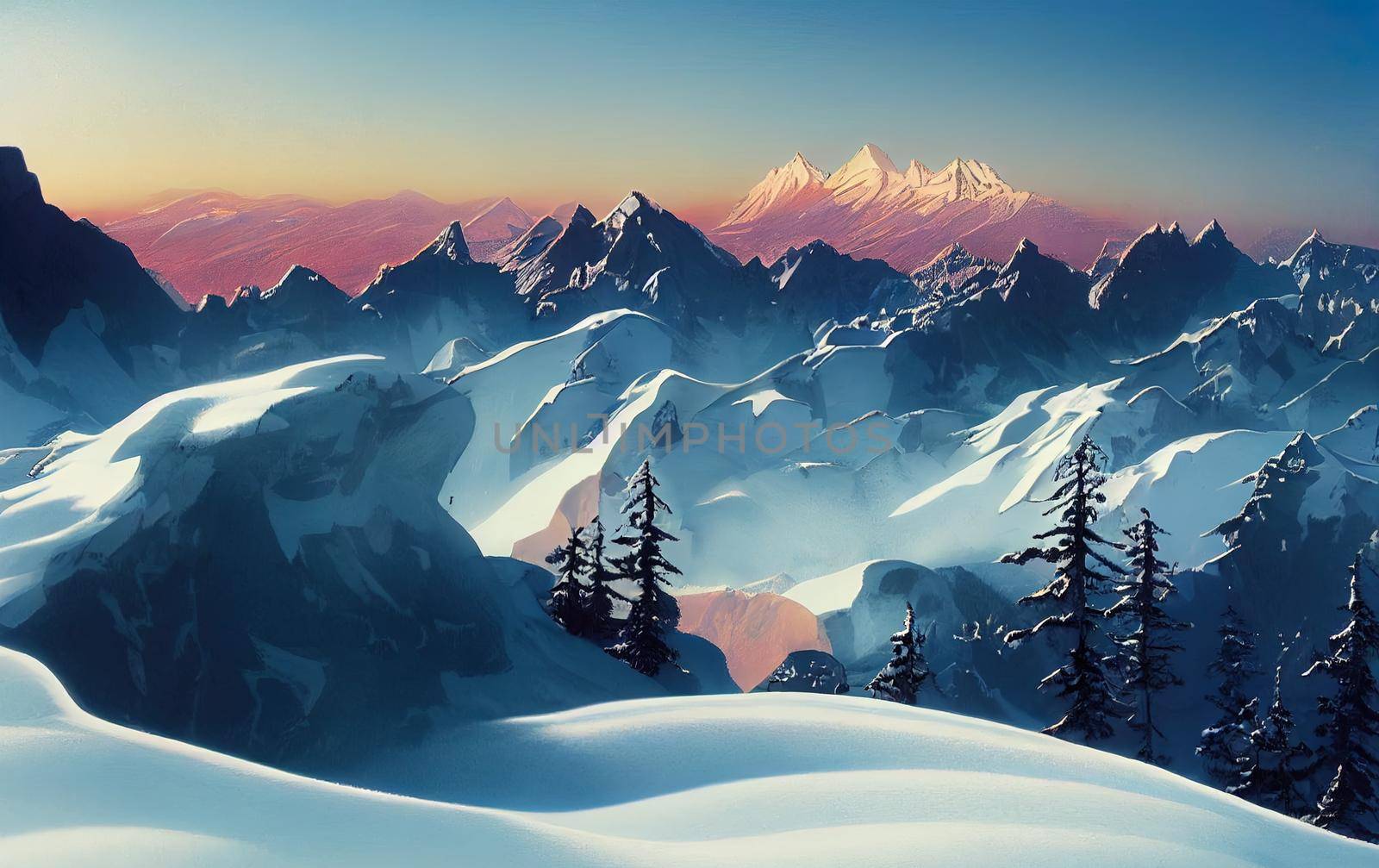 mountains, trees, tree in mountains, winter landscape, mountains in High quality 2d illustration. by 2ragon