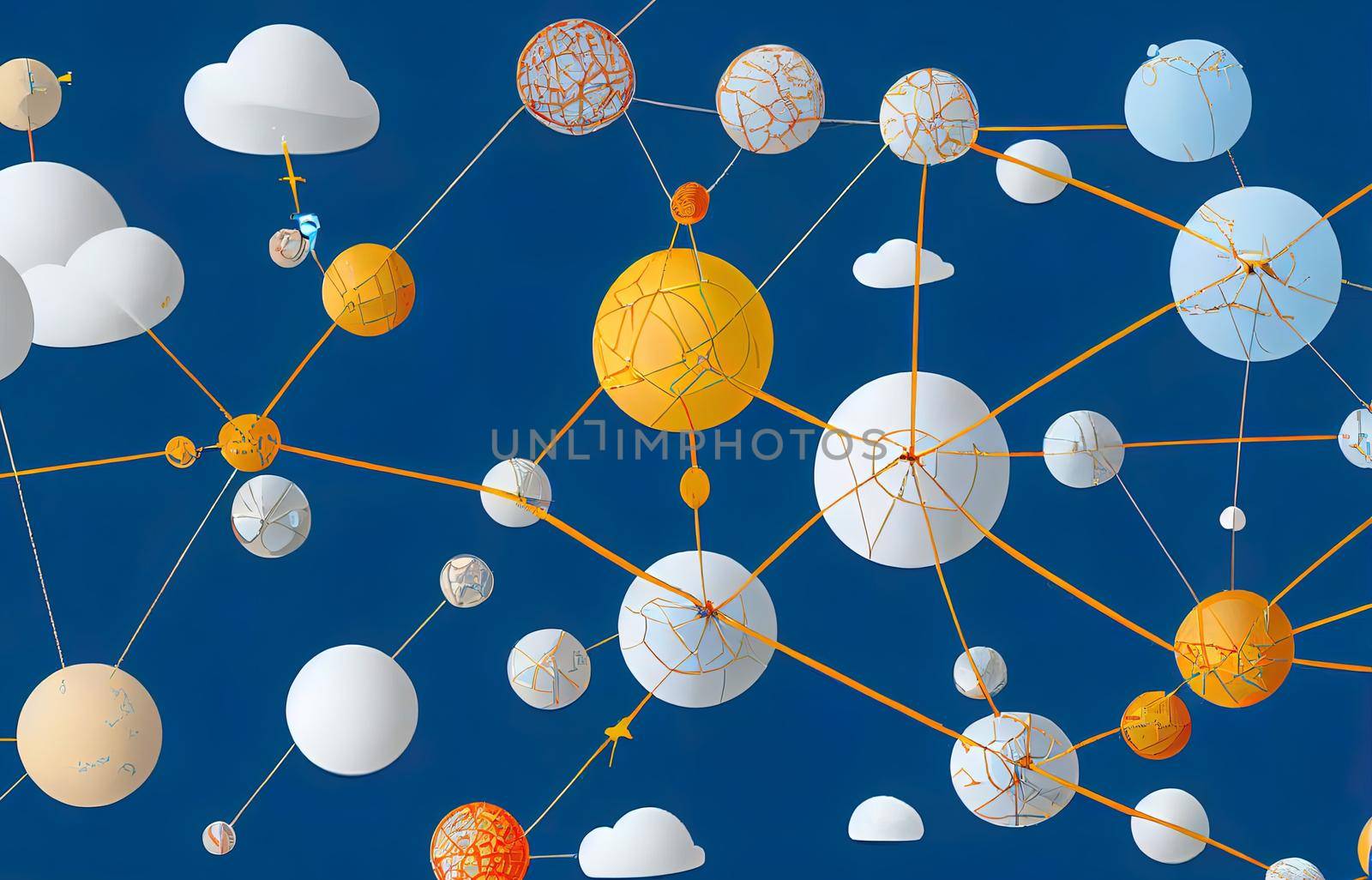 Animation of network of connections and white people icons interacting over cityscape with clouds on blue sky in the background. Global network connections and social networking concept.