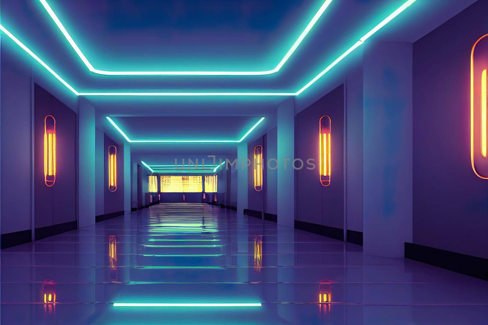 Sci Fy neon glowing lamps in a dark corridor. Reflections on the floor and walls. Empty background in the center. 3d rendering image. Techology futuristic background.
