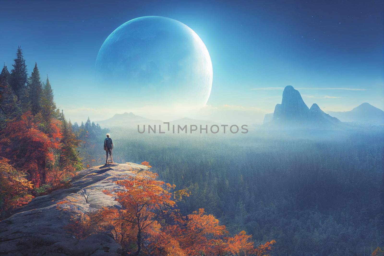 Intrepid traveler stands on cliff overlooking light autumn forest and  majestic light blue mountain range. 3D Render digital art.