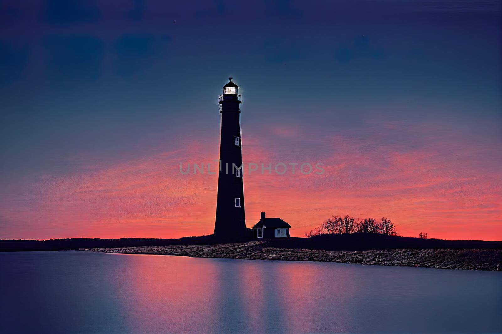 Presque Isle Lighthouse in Erie, Pennsylvania, USA at dusk.