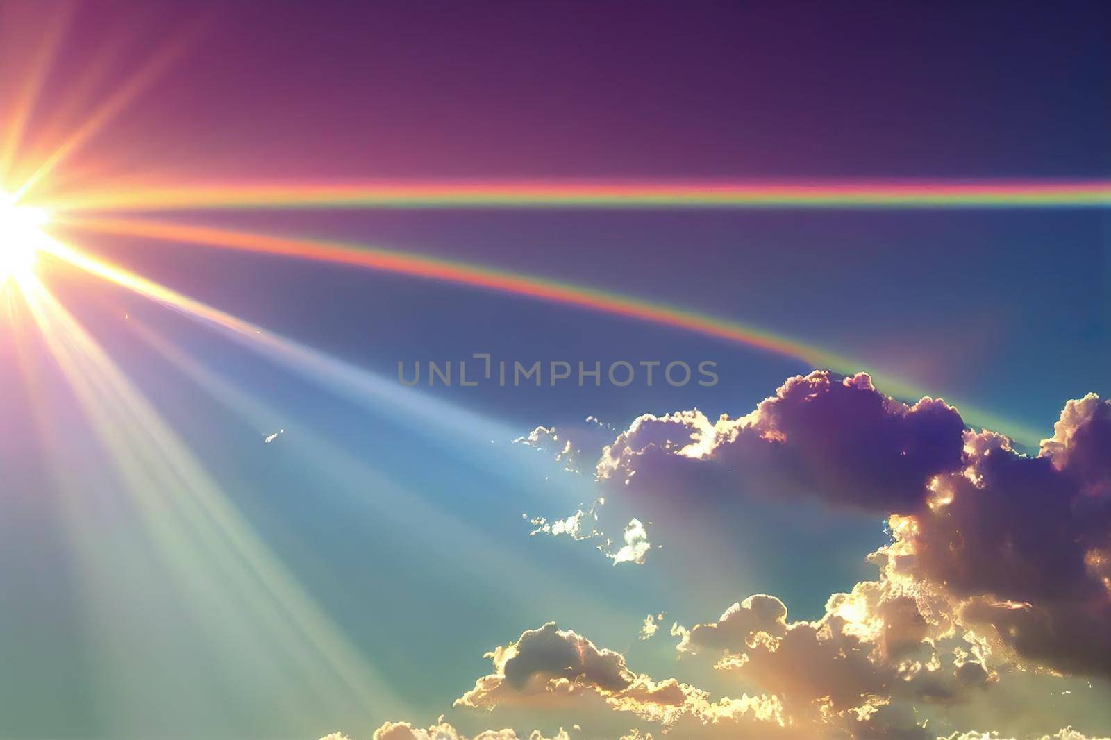 Bright sun light ray flare n sunbeam shining through colorful dark cumulus cloud on Beautiful sunny pastel blue sky in tropical summer sunlight n sunray at daylight sunshine day, 4k b roll TimeLapse