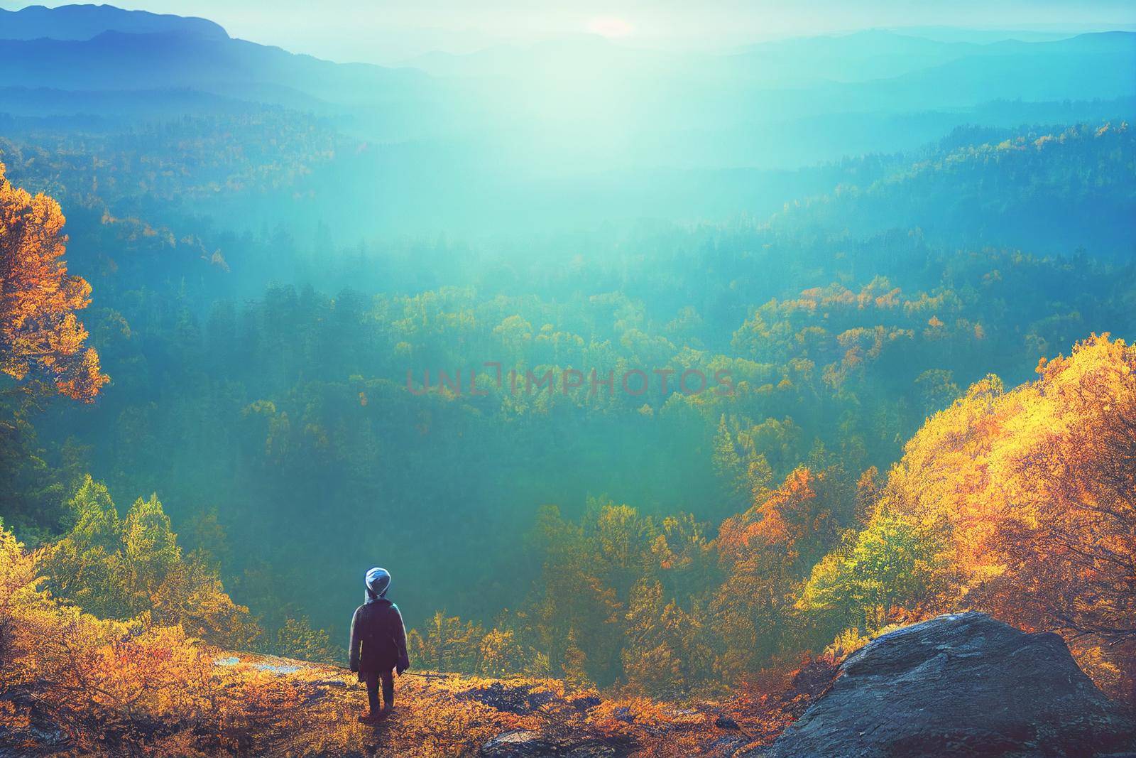 Intrepid traveler stands on cliff overlooking light autumn forest and  majestic light blue mountain range. 3D Render digital art.