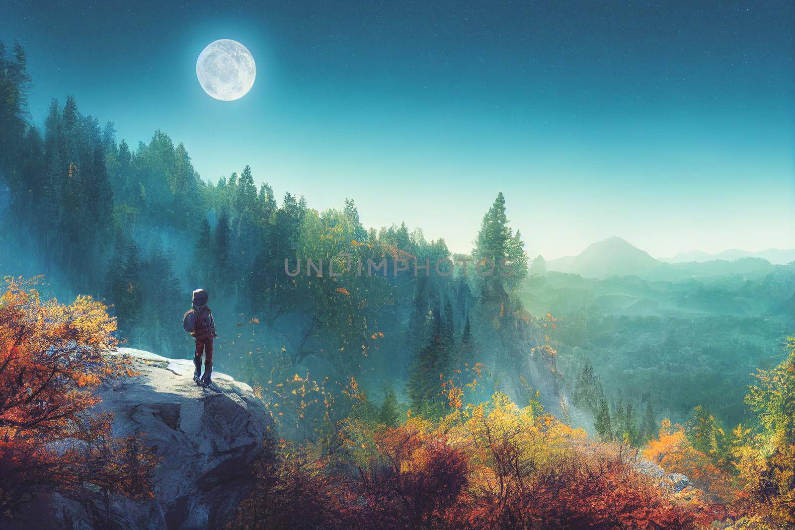 Intrepid traveler stands on cliff overlooking light autumn forest and  majestic light blue mountain range. 3D Render digital art.