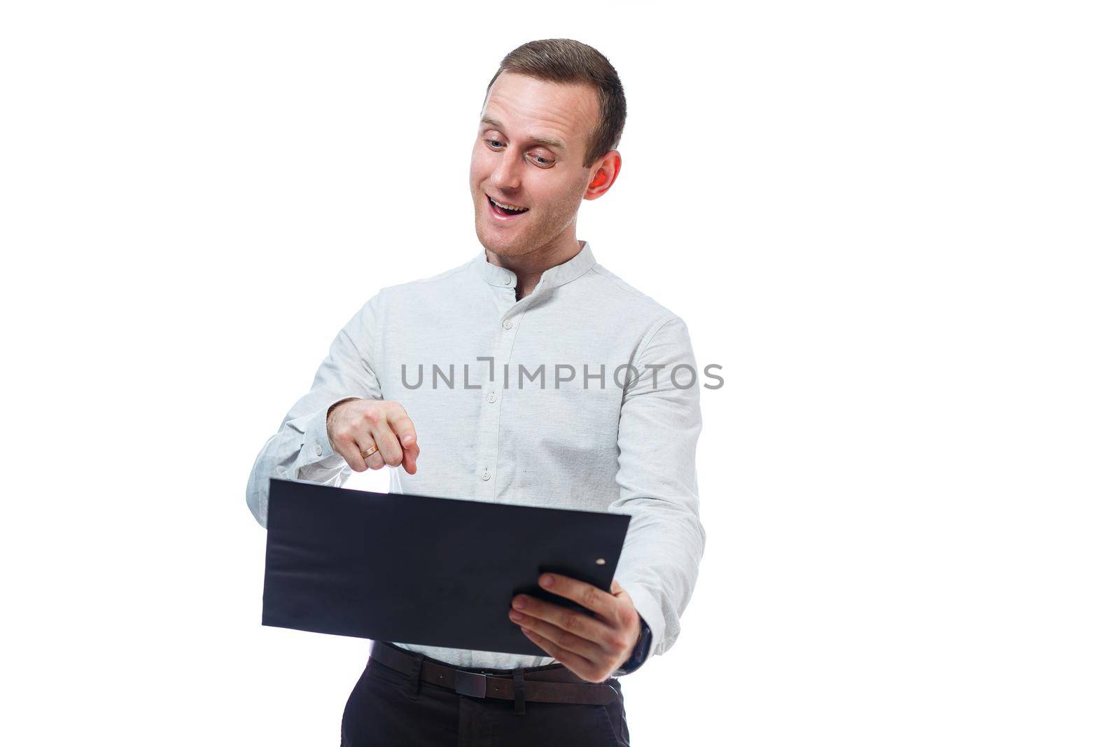 man businessman, a teacher, a mentor, study and sign documents a new Business Projects. Isolated on white background