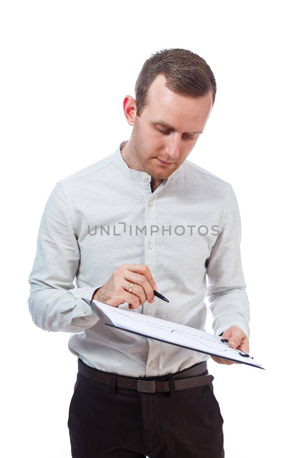 man businessman, a teacher, a mentor, study and sign documents a new Business Projects. Isolated on white background