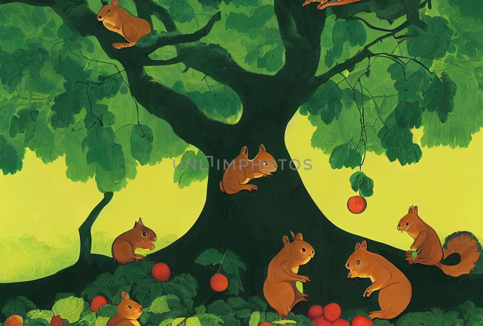 Squirrels stocking hazelnuts in a big hollow trunk of tree in forest, wallpaper illustration for children with green nature and wild woods. animals background for kids.