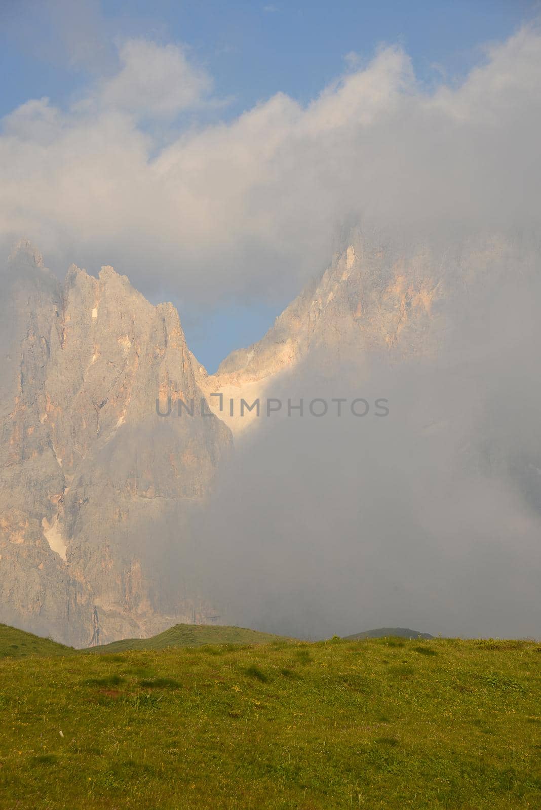 mountain peaks at passo rolle in italy
