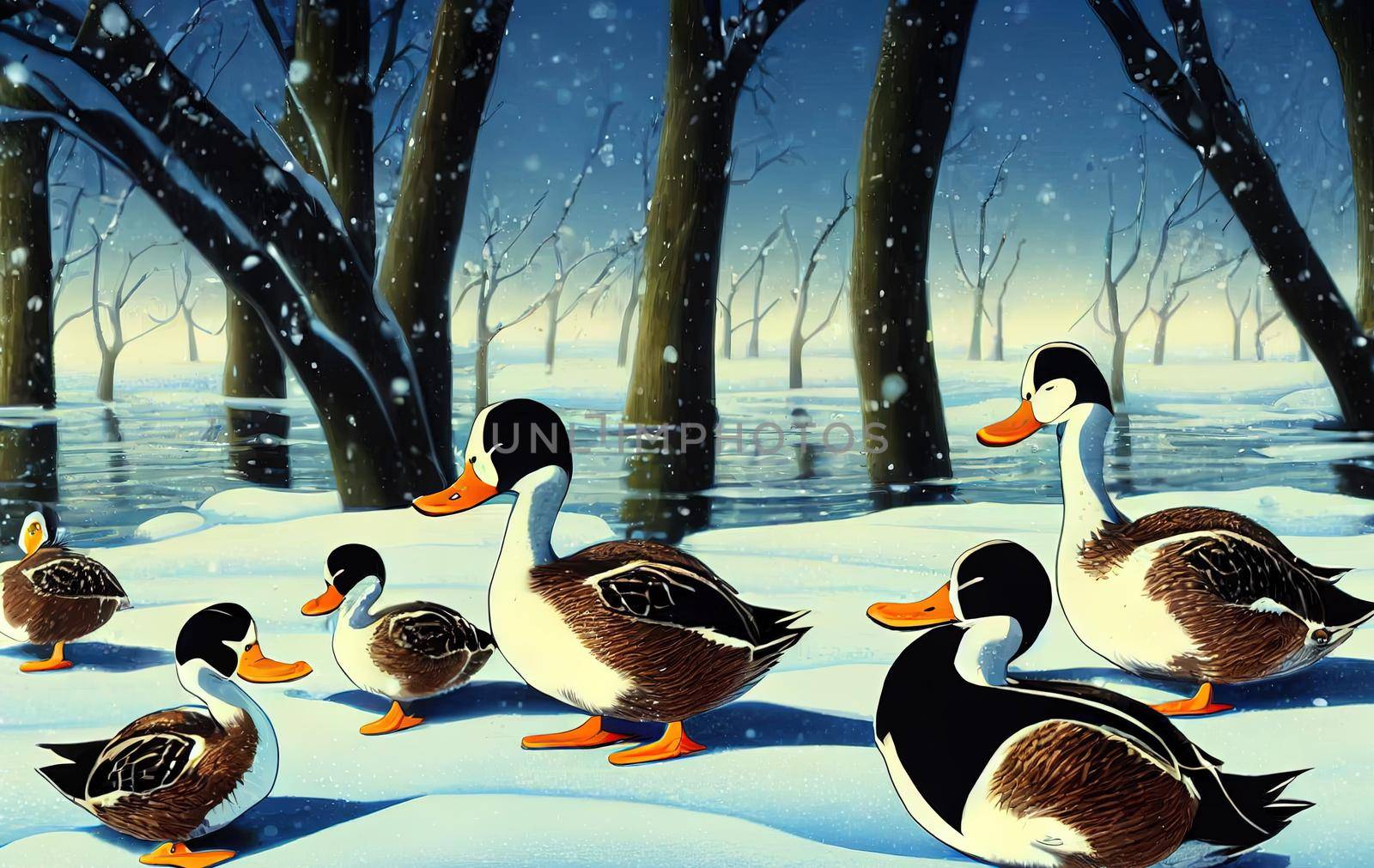 Ducks in the snow during wintering. Duck and drake High quality 2d illustration. by 2ragon