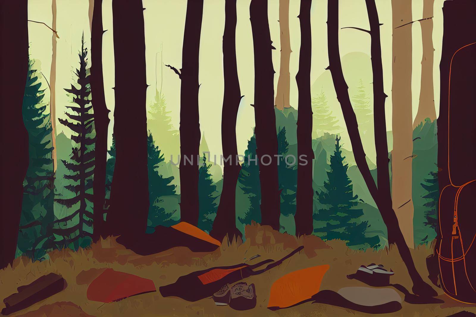 Hiking equipment in forest. Backpack and leather ankle boots. Panoramic view with copy space